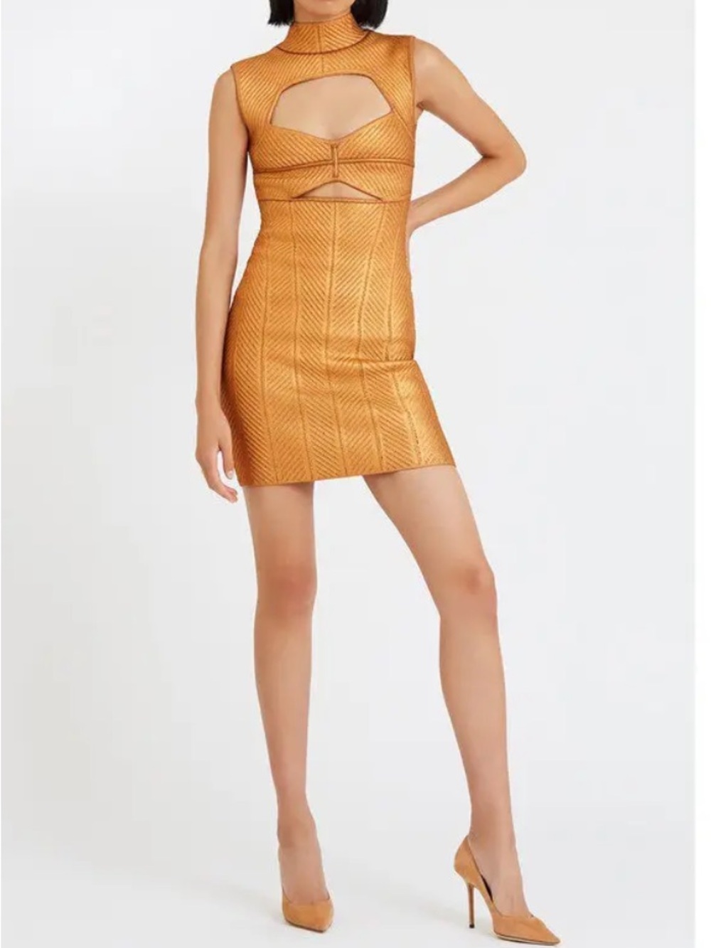 HERVE LEGER Cutout Metallic Coated Bandage
Mini Dress In Copper NEW
